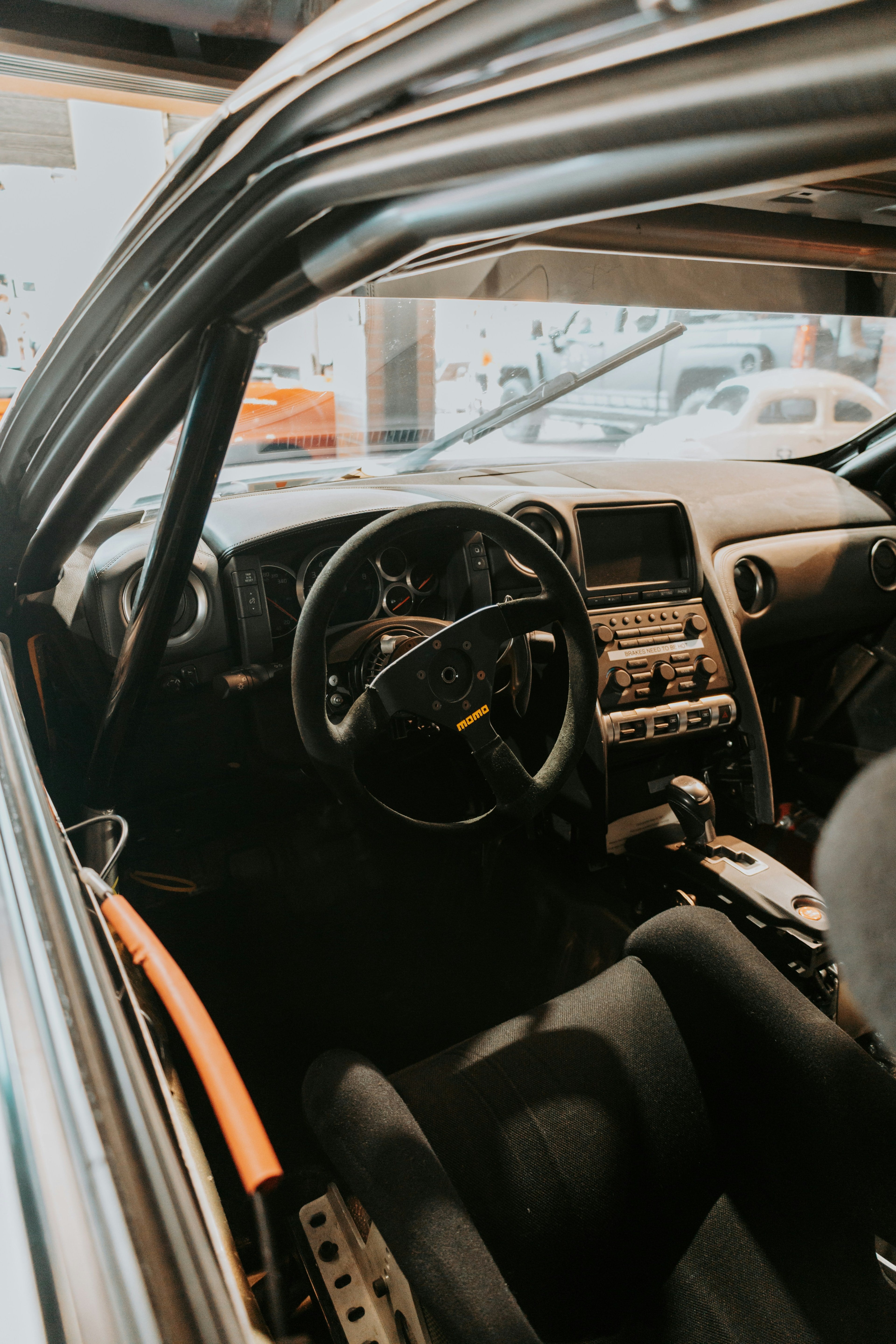 Inside a stripped-out race car cockpit